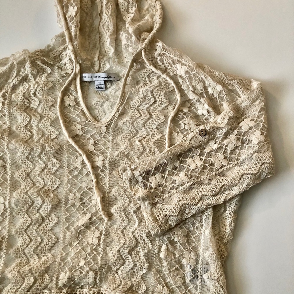 Cream open knit crop top hoodie. Size medium